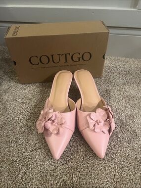 Coutgo Pink Floral Pointed-Toe Kitten Heel